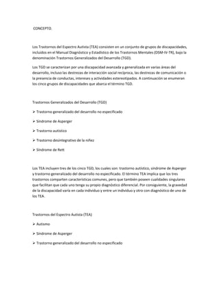 CONCEPTO.



Los Trastornos del Espectro Autista (TEA) consisten en un conjunto de grupos de discapacidades,
incluidos en el Manual Diagnóstico y Estadístico de los Trastornos Mentales (DSM-IV-TR), bajo la
denominación Trastornos Generalizados del Desarrollo (TGD).

Los TGD se caracterizan por una discapacidad avanzada y generalizada en varias áreas del
desarrollo, incluso las destrezas de interacción social recíproca, las destrezas de comunicación o
la presencia de conductas, intereses y actividades estereotipados. A continuación se enumeran
los cinco grupos de discapacidades que abarca el término TGD.



Trastornos Generalizados del Desarrollo (TGD)

Ø Trastorno generalizado del desarrollo no especificado

Ø Síndrome de Asperger

Ø Trastorno autístico

Ø Trastorno desintegrativo de la niñez

Ø Síndrome de Rett



Los TEA incluyen tres de los cinco TGD, los cuales son: trastorno autístico, síndrome de Asperger
y trastorno generalizado del desarrollo no especificado. El término TEA implica que los tres
trastornos comparten características comunes, pero que también poseen cualidades singulares
que facilitan que cada uno tenga su propio diagnóstico diferencial. Por consiguiente, la gravedad
de la discapacidad varía en cada individuo y entre un individuo y otro con diagnóstico de uno de
los TEA.



Trastornos del Espectro Autista (TEA)

Ø Autismo

Ø Síndrome de Asperger

Ø Trastorno generalizado del desarrollo no especificado
 