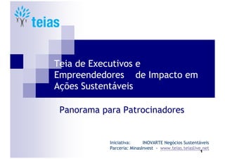 Teia de Executivos e
Empreendedores de Impacto em
Ações Sustentáveis

 Panorama para Patrocinadores


            Iniciativa:     INOVARTE Negócios Sustentáveis
            Parceria: MinasInvest - www.teias.teiaslive.net
                                                      1
 