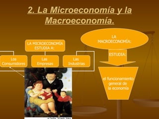 2. La Microeconomía y la Macroeconomía. LA  MACROECONOMÍA: ESTUDIA: el funcionamiento general de  la economía LA MICROECONOMÍA ESTUDIA A:  Los Consumidores Las  Empresas Las  Industrias 