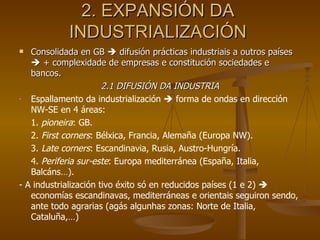 2. EXPANSIÓN DA INDUSTRIALIZACIÓN Consolidada en GB    difusión prácticas industriais a outros países    + complexidade de empresas e constitución sociedades e bancos. 2.1 DIFUSIÓN DA INDUSTRIA Espallamento da industrialización    forma de ondas en dirección NW-SE en 4 áreas: 1.  pioneira : GB. 2.  First corners : Bélxica, Francia, Alemaña (Europa NW). 3.  Late corners : Escandinavia, Rusia, Austro-Hungría. 4.  Periferia sur-este : Europa mediterránea (España, Italia, Balcáns…). - A industrialización tivo éxito só en reducidos países (1 e 2)    economías escandinavas, mediterráneas e orientais seguiron sendo, ante todo agrarias (agás algunhas zonas: Norte de Italia, Cataluña,…) 