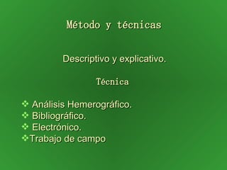 Método y técnicas   Descriptivo y explicativo. Técnica Análisis Hemerográfico. Bibliográfico.  Electrónico. Trabajo de campo 