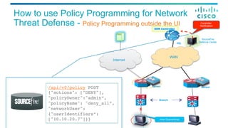 How to use Policy Programming for Network
Threat Defense - Policy Programming outside the UI
Branch
SourceFire
Defence Center
SDN Controller
ISR
Sensor
X
Sensor
WAN
ISR
Internet
HQ
Controller
Notification
Host Quarantined
Defense Center
/api/v0/policy POST!
{"actions": ["DENY"],
"policyOwner":"admin”,
"policyName": "deny_all”,
"networkUser":
{"userIdentifiers”:
["10.10.20.7"]}}!
 