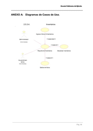 EEEssscccuuueeelllaaa PPPooollliiitttééécccnnniiicccaaa dddeeelll EEEjjjééérrrccciiitttooo 
Pág. 98 
ANEXO A: Diagramas de Casos de Uso. 
2.5.3.4. Inventarios 
UsuarioInven 
tarios 
(f rom Actores) 
Salida de libros 
Actualizar inventarios 
Ingreso libros A Inventarios 
Reporte de Inventarios 
<<extend>> 
<<extend>> 
Administrador <<extended>> 
(f rom Actores) 
 