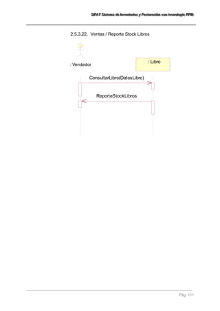 SSSIIIFFFAAATTT SSSiiisssttteeemaaa dddeee IIInnnvvveeennntttaaarrriiiooosss yyy FFFaaaccctttuuurrraaaccciiióóónnn cccooonnn ttteeecccnnnooolllooogggíííaaa RRRFFFIIIDDD 
Pág. 111 
: Vendedor 
: Libro 
ConsultarLibro(DatosLibro) 
ReporteStockLibros 
2.5.3.22. Ventas / Reporte Stock Libros 
 