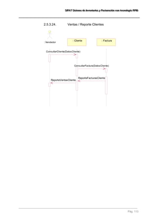 SSSIIIFFFAAATTT SSSiiisssttteeemaaa dddeee IIInnnvvveeennntttaaarrriiiooosss yyy FFFaaaccctttuuurrraaaccciiióóónnn cccooonnn ttteeecccnnnooolllooogggíííaaa RRRFFFIIIDDD 
Pág. 113 
2.5.3.24. Ventas / Reporte Clientes 
: Vendedor 
: Cliente : Factura 
ConsultarCliente(DatosCliente) 
ConsultarFactura(DatosCliente) 
ReporteFacturasCliente 
ReporteVentasCliente 
 