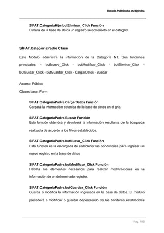 EEEssscccuuueeelllaaa PPPooollliiitttééécccnnniiicccaaa dddeeelll EEEjjjééérrrccciiitttooo 
Pág. 186 
SIFAT.CategoriaHijo.butEliminar_Click Función 
Elimina de la base de datos un registro seleccionado en el datagrid. 
SIFAT.CategoriaPadre Clase 
Este Modulo administra la información de la Categoría N1. Sus funciones principales: - butNuevo_Click - butModificar_Click - butEliminar_Click - butBuscar_Click - butGuardar_Click - CargarDatos - Buscar Acceso: Público Clases base: Form 
SIFAT.CategoriaPadre.CargarDatos Función 
Cargará la información obtenida de la base de datos en el grid. 
SIFAT.CategoriaPadre.Buscar Función 
Esta función obtendrá y devolverá la información resultante de la búsqueda realizada de acuerdo a los filtros establecidos. 
SIFAT.CategoriaPadre.butNuevo_Click Función 
Esta función es la encargada de establecer las condiciones para ingresar un nuevo registro en la base de datos 
SIFAT.CategoriaPadre.butModificar_Click Función 
Habilita los elementos necesarios para realizar modificaciones en la información de un determinado registro. 
SIFAT.CategoriaPadre.butGuardar_Click Función 
Guarda o modifica la información ingresada en la base de datos. El modulo procederá a modificar o guardar dependiendo de las banderas establecidas  