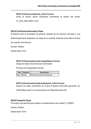 SSSIIIFFFAAATTT SSSiiisssttteeemaaa dddeee IIInnnvvveeennntttaaarrriiiooosss yyy FFFaaaccctttuuurrraaaccciiióóónnn cccooonnn ttteeecccnnnooolllooogggíííaaa RRRFFFIIIDDD 
Pág. 191 
SIFAT.frmFactura.butAnular_Click Función 
Anula la factura actual cambiando únicamente el estado del campo TL_FAC_ANULADA a true" 
SIFAT.frmFacturasVencidas Clase 
El Modulo será el encargado de generar reportes de las facturas vencidas a una determinada fecha realizadas a lo largo de un periodo, teniendo como filtro la Fecha de creación de la factura. Acceso: Público Clases base: Form 
SIFAT.frmFacturasVencidas.CargarDatos Función 
Carga los datos de las facturas encontradas Privado void CargarDatos (string) Tipo Nombre Descripción 
string 
strSQL 
Contiene el querry de búsqueda 
SIFAT.frmFacturasVencidas.butImprimir_Click Función 
Exporta los datos contenidos en el grid al reporte imprimible generado con "DaPrintDocument" en el documento xml "ReporteVentas.xml" 
SIFAT.frmperfil Clase 
Formulario que permite para realizar el mantenimiento de la tabla TL_PERFIL. Acceso: Público Clases base: Form  