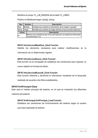 EEEssscccuuueeelllaaa PPPooollliiitttééécccnnniiicccaaa dddeeelll EEEjjjééérrrccciiitttooo 
Pág. 198 
Modifica el campo TL_LIB_IMAGEN del la tabla TL_LIBRO Público int ModificarImagen (byte[], string) Tipo Nombre Descripción 
Byte 
MyData 
Variable que contiene la información de la imagen a guardar 
String 
código 
Variable que contiene el código del libro al que se hará referencia Volver Descripción 
Int 
Retorna una variable de tipo int la cual indicará si se realizó la información correctamente o no 
SIFAT.frmLibro.butModificar_Click Función 
Habilita los elementos necesarios para realizar modificaciones en la información de un determinado registro. 
SIFAT.frmLibro.butNuevo_Click Función 
Esta función es la encargada de establecer las condiciones para ingresar un nuevo registro en la base de datos. 
SIFAT.frmLibro.butBuscarE_Click Función 
Esta función obtendrá y devolverá la información resultante de la búsqueda realizada de acuerdo a los filtros establecidos. 
SIFAT.frmPrincipal Clase 
Este será el módulo principal del sistema, en el cual se mostrarán los diferentes módulos del sistema. 
SIFAT.frmPrincipal.frmPrincipal_Load Función 
Establece las condiciones de funcionamiento del sistema según el usuario que haya ingresado al sistema.  
