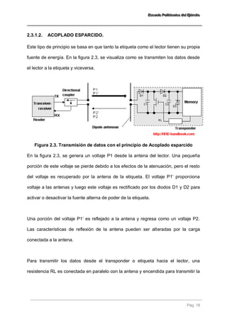 EEEssscccuuueeelllaaa PPPooollliiitttééécccnnniiicccaaa dddeeelll EEEjjjééérrrccciiitttooo 
Pág. 18 
2.3.1.2. ACOPLADO ESPARCIDO. 
Este tipo de principio se basa en que tanto la etiqueta como el lector tienen su propia fuente de energía. En la figura 2.3, se visualiza como se transmiten los datos desde el lector a la etiqueta y viceversa. 
Figura 2.3. Transmisión de datos con el principio de Acoplado esparcido 
En la figura 2.3, se genera un voltaje P1 desde la antena del lector. Una pequeña porción de este voltaje se pierde debido a los efectos de la atenuación, pero el resto del voltaje es recuperado por la antena de la etiqueta. El voltaje P1’ proporciona voltaje a las antenas y luego este voltaje es rectificado por los diodos D1 y D2 para activar o desactivar la fuente alterna de poder de la etiqueta. Una porción del voltaje P1’ es reflejado a la antena y regresa como un voltaje P2. Las características de reflexión de la antena pueden ser alteradas por la carga conectada a la antena. 
Para transmitir los datos desde el transponder o etiqueta hacia el lector, una resistencia RL es conectada en paralelo con la antena y encendida para transmitir la  