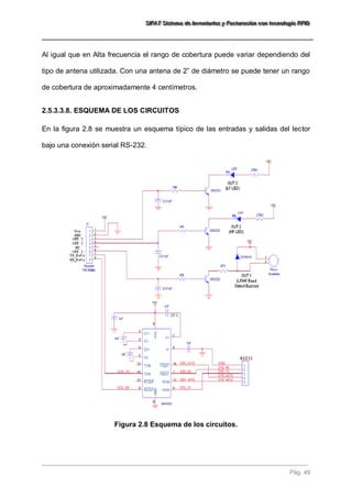 SSSIIIFFFAAATTT SSSiiisssttteeemaaa dddeee IIInnnvvveeennntttaaarrriiiooosss yyy FFFaaaccctttuuurrraaaccciiióóónnn cccooonnn ttteeecccnnnooolllooogggíííaaa RRRFFFIIIDDD 
Pág. 49 
Al igual que en Alta frecuencia el rango de cobertura puede variar dependiendo del tipo de antena utilizada. Con una antena de 2” de diámetro se puede tener un rango de cobertura de aproximadamente 4 centímetros. 
2.5.3.3.8. ESQUEMA DE LOS CIRCUITOS 
En la figura 2.8 se muestra un esquema típico de las entradas y salidas del lector bajo una conexión serial RS-232. 
Figura 2.8 Esquema de los circuitos. 
 