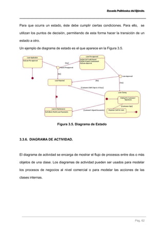 EEEssscccuuueeelllaaa PPPooollliiitttééécccnnniiicccaaa dddeeelll EEEjjjééérrrccciiitttooo 
Pág. 62 
Para que ocurra un estado, éste debe cumplir ciertas condiciones. Para ello, se utilizan los puntos de decisión, permitiendo de esta forma hacer la transición de un estado a otro. Un ejemplo de diagrama de estado es el que aparece en la Figura 3.5. 
Figura 3.5. Diagrama de Estado 
3.3.6. DIAGRAMA DE ACTIVIDAD. 
El diagrama de actividad se encarga de mostrar el flujo de procesos entre dos o más objetos de una clase. Los diagramas de actividad pueden ser usados para modelar los procesos de negocios al nivel comercial o para modelar las acciones de las clases internas.  