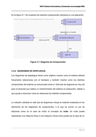 SSSIIIFFFAAATTT SSSiiisssttteeemaaa dddeee IIInnnvvveeennntttaaarrriiiooosss yyy FFFaaaccctttuuurrraaaccciiióóónnn cccooonnn ttteeecccnnnooolllooogggíííaaa RRRFFFIIIDDD 
Pág. 65 
En la figura 3.7. Se muestran los distintos componentes utilizados en una aplicación. 
Figura 3.7. Diagrama de Componentes 
3.3.8. DIAGRAMAS DE DESPLIEGUE. 
Los diagramas de despliegue tienen como objetivo mostrar como el sistema deberá 
físicamente relacionarse con el hardware y también mostrar como los distintos 
componentes del sistema se comunicarán entre sí. Este tipo de diagrama es muy útil 
para el personal que realiza un mantenimiento del sistema en producción, debido a 
que ayuda a reconocer como se relacionan los distintos componentes. 
La notación utilizada en este tipo de diagramas incluye la notación empleada en los 
elementos de los diagramas de componentes, a lo que se suman un par de 
adiciones como es el caso de incluir el concepto de nodo. Un nodo puede 
representar una máquina física o una máquina virtual como puede ser el caso de un 
 