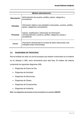 EEEssscccuuueeelllaaa PPPooollliiitttééécccnnniiicccaaa dddeeelll EEEjjjééérrrccciiitttooo 
Pág. 68 
Módulo administración. 
Descripción 
Administración de usuarios, perfiles, países, categorías y proveedores 
Entradas 
Información relativa a las entidades involucradas, usuarios, perfiles, países, categorías y proveedores. 
Procesos 
Ingreso, modificación y eliminación de información correspondientes a usuarios, perfiles, categorías, países y proveedores 
Salidas 
Información almacenada en la base de datos relacionada a las entidades antes mencionadas 
3.5. DIAGRAMAS DE PROCESOS. 
Para el análisis de cada uno de los procesos que estarán involucrados en el sistema se ha utilizado a UML como herramienta para esta fase. El análisis del sistema comprende los siguientes diagramas UML: 
 Diagramas de Casos de Uso. 
 Diagramas de Actividad. 
 Diagramas de Secuencias. 
 Diagramas de Clases. 
 Diagramas de Componentes. 
 Diagramas de Ambiente. 
Nota: Los diagramas de procesos se los encontrará en la sección ANEXOS  