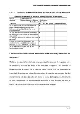 SSSIIIFFFAAATTT SSSiiisssttteeemaaa dddeee IIInnnvvveeennntttaaarrriiiooosss yyy FFFaaaccctttuuurrraaaccciiióóónnn cccooonnn ttteeecccnnnooolllooogggíííaaa RRRFFFIIIDDD 
Pág. 87 
4.1.3.3. Formulario de Revisión de Bases de Datos Y Velocidad de Respuesta 
Formulario de Revisión de Bases de Datos y Velocidad de Respuesta 
Fecha 
Diciembre 2005 
Analista 
Desarrolladores – Director – Co-Director 
Revisión de Estándares 
Actividad 
Sí 
No 
No aplica 
Observaciones 
Se ha realizado el proceso de prueba de datos ingresados vs datos obtenidos? 
X 
Está la mayor cantidad de código en la base de datos? 
X 
Se han realizado procesos de afinamiento de Sql con el fin de mejorar la velocidad de respuesta? 
X 
Se manejan librerías de conexión a la base de datos? 
X 
Existen funciones genéricas para dar mantenimiento a las tablas (operaciones INSERT, SELECT, DELETE, UPDATE)? 
X 
Se ha documentado cada una de las funciones genéricas? 
X 
Conclusión del Formulario de Revisión de Base de Datos y Velocidad de Respuesta: 
Mediante el presente formulario se comprueba que la velocidad de respuesta entre el aplicativo y la base de datos es la adecuada y esperada. Así también se comprueba que el diseño de la base de datos cumple con los estándares de integridad. Se verifica que existan librerías únicas de conexión que permitan dar fácil mantenimiento a la base de datos sin alterar el código de la aplicación. Finalmente se hace una revisión a la documentación técnica de la base de datos, es decir, si cuenta con un diccionario de datos y diagramas entidad relación.  