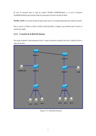 Se creo el proyecto para la capa de negocio llamado SysMarkNegocio y se creo el proyecto
SysMarkPersistencia que contiene todas las clases para el acceso a la base de datos.


MySQL 4.0.20: Es un motor de base de datos open source, se lo puede administrar por medio de consola.


Para el acceso a la Base se datos se utilizo stored procedure y triggers, que permiten que el acceso se
mucho mas rápido.


3.3.2. Creación de la Red del sistema


Para poder entender el funcionamiento de las 3 capas se presenta un grafico de cómo se podría colocar a
cada una de ellas.




                                         Figura 3.3.2.1 (Red del sistemas)




                                                    c
 
