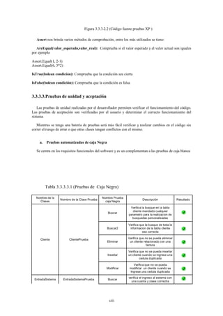 Figura 3.3.3.2.2 (Código fuente pruebas XP )

   Assert nos brinda varios métodos de comprobación, entre los más utilizados se tiene:

   AreEqual(valor_esperado,valor_real): Comprueba si el valor esperado y el valor actual son iguales
por ejemplo

Assert.Equal(1, 2-1)
Assert.Equal(6, 3*2)

IsTrue(bolean condición): Comprueba que la condición sea cierta

IsFalse(bolean condición): Comprueba que la condición es falsa


3.3.3.3.Pruebas de unidad y aceptación

    Las pruebas de unidad realizadas por el desarrollador permiten verificar el funcionamiento del código.
Las pruebas de aceptación son verificadas por el usuario y determinar el correcto funcionamiento del
sistema

   Mientras se tenga una batería de pruebas será más fácil verificar y realizar cambios en el código sin
correr el riesgo de errar o que otras clases tengan conflictos con el mismo.


     a.   Pruebas automatizadas de caja Negra

   Se centra en los requisitos funcionales del software y es un complementan a las pruebas de caja blanca




          Tabla 3.3.3.3.1 (Pruebas de Caja Negra)

  Nombre de la                                 Nombre Prueba
                  Nombre de la Clase Prueba                               Descripción                Resultado
    Clases                                       caja Negra

                                                                 Verifica la busque en la tabla
                                                                   cliente mandado cualquier
                                                   Buscar
                                                                parametro para la realizacion de
                                                                  busquedas personalisadas

                                                                Verifica que la busque de toda la
                                                  Buscar2        informacion de la tabla cliente
                                                                           sea correcta

     Cliente              ClientePrueba                         Verifica que no se pueda eliminar
                                                  Eliminar       un cliente relacionado con una
                                                                              factura

                                                                Verifica que no se pueda insertar
                                                   Insertar     un cliente cuando se ingrese una
                                                                         cedula duplicada

                                                                   Verifica que no se pueda
                                                  Modificar      modificar un cliente cuando se
                                                                 Ingrese una cedula duplicada

                                                                verifica el ingreso al sistema con
 EntradaSistema        EntradaSistemaPrueba        Buscar
                                                                  una cuenta y clase correctra




                                                    ciii
 