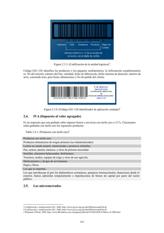 Figura 2.3.3: (Codificación de la unidad logística)3

Código GS1-128 identifica los productos o los paquetes multiunitarios, la información complementaria
es: No del articulo, número del lote, cantidad, fecha de fabricación, fecha máxima de duración, número de
serie, contenido neto, peso bruto, dimensiones y No de pedido del cliente.




                     Figura 2.3.4: (Código GS1-128 identificador de aplicación estándar)4

2.4.      IVA (Impuesto al valor agregado)
Es un impuesto que esta grabado sobre algunos bienes o servicios con tarifa cero o 12 %. Únicamente
están grabados con tarifa cero los siguientes productos.

  Tabla 2.4.1: (Productos con tarifa cero)5

Productos con tarifa cero
Productos alimenticios de origen primario (no industrializados).
Leches en estado natural, maternizadas y proteicos infantiles.
Pan, azúcar, panela, manteca, y otros de primera necesidad.
Semillas, alimentos balanceados, fertilizantes.
Tractores, arados, equipos de riego y otros de uso agrícola.
Medicamentos y drogas de uso humano.
Papel y libros.
Los que se exporten.
Los que introduzcan al país los diplomáticos extranjeros, pasajeros internacionales; donaciones desde el
exterior, bienes admitidos temporalmente e importaciones de bienes de capital por parte del sector
público.

2.5.      Los micromercados




3 Codificación y simbolización GS1, 2006, http://www.gs1ec.org/cgi-bin/biblioteca-pub/lm.pl
4 Codificación y simbolización GS1, 2006, http://www.gs1ec.org/cgi-bin/biblioteca-pub/lm.pl
5 REgisatro Oficial, 2006, http://www.dlh.lahora.com.ec/paginas/judicial/PAGINAS/R.O.Marzo.16.2006.htm



                                                           xvi
 