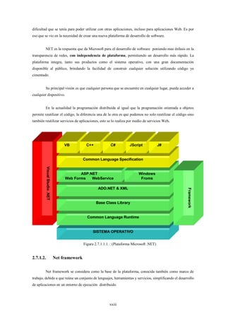 dificultad que se tenía para poder utilizar con otras aplicaciones, incluso para aplicaciones Web. Es por
eso que se vio en la necesidad de crear una nueva plataforma de desarrollo de software.


         NET es la respuesta que da Microsoft para el desarrollo de software poniendo mas énfasis en la
transparencia de redes, con independencia de plataforma, permitiendo un desarrollo más rápido. La
plataforma integra, tanto sus productos como el sistema operativo, con una gran documentación
disponible al público, brindando la facilidad de construir cualquier solución utilizando código ya
cimentado.


         Su principal visión es que cualquier persona que se encuentre en cualquier lugar, pueda acceder a
cualquier dispositivo.


         En la actualidad la programación distribuida al igual que la programación orientada a objetos
permite reutilizar el código, la diferencia una de la otra es que podemos no solo reutilizar el código sino
también reutilizar servicios de aplicaciones, esto se lo realiza por medio de servicios Web.




                                     VB          C++             C#          JScript              J#


                                                Common Language Specification
           Visual Studio .NET




                                            ASP.NET                                Windows
                                     Web Forms   WebService                         Froms

                                                         ADO.NET & XML                                 Framework



                                                        Base Class Library


                                                  Common Language Runtime


                                                      SISTEMA OPERATIVO


                                                Figura 2.7.1.1.1. : (Plataforma Microsoft .NET)


2.7.1.2.                        Net framework

         Net framework se considera como la base de la plataforma, conocida también como marco de
trabajo, debido a que reúne un conjunto de lenguajes, herramientas y servicios, simplificando el desarrollo
de aplicaciones en un entorno de ejecución distribuido.




                                                                xxiii
 