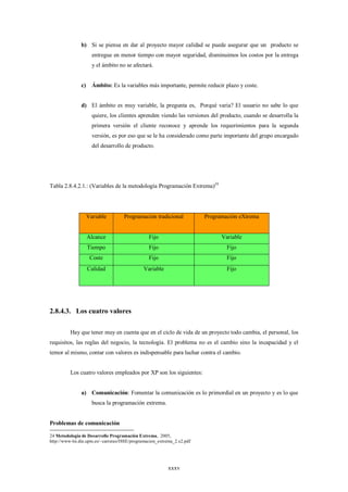 b) Si se piensa en dar al proyecto mayor calidad se puede asegurar que un producto se
                      entregue en menor tiempo con mayor seguridad, disminuimos los costos por la entrega
                      y el ámbito no se afectará.


               c)     Ámbito: Es la variables más importante, permite reducir plazo y coste.


               d) El ámbito es muy variable, la pregunta es, Porqué varia? El usuario no sabe lo que
                      quiere, los clientes aprenden viendo las versiones del producto, cuando se desarrolla la
                      primera versión el cliente reconoce y aprende los requerimientos para la segunda
                      versión, es por eso que se le ha considerado como parte importante del grupo encargado
                      del desarrollo de producto.




Tabla 2.8.4.2.1.: (Variables de la metodología Programación Extrema)24




                    Variable        Programación tradicional             Programación eXtrema


                    Alcance                      Fijo                          Variable
                    Tiempo                       Fijo                            Fijo
                     Coste                       Fijo                            Fijo
                    Calidad                   Variable                           Fijo




2.8.4.3. Los cuatro valores

          Hay que tener muy en cuenta que en el ciclo de vida de un proyecto todo cambia, el personal, los
requisitos, las reglas del negocio, la tecnología. El problema no es el cambio sino la incapacidad y el
temor al mismo, contar con valores es indispensable para luchar contra el cambio.


          Los cuatro valores empleados por XP son los siguientes:


               a) Comunicación: Fomentar la comunicación es lo primordial en un proyecto y es lo que
                      busca la programación extrema.


Problemas de comunicación

24 Metodología de Desarrollo Programación Extrema, 2005,
http://www-lsi.die.upm.es/~carreras/ISSE/programacion_extrema_2.x2.pdf




                                                          xxxv
 