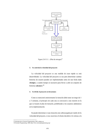 Figura 2.8.5.3.1. : (Plan de entregas)33




                           3.    Se controla la velocidad del proyecto


                                La velocidad del proyecto es una medida de cuan rápido se está
                           desarrollando. La velocidad del proyecto se usa para determinar cuántas
                           historias de usuario pueden ser implementadas antes de una fecha dada
                           (tiempo), o cuánto tiempo es necesario para llevar a cabo un conjunto de
                           historias (alcance). 34


                           4.    Se divide el proyecto en iteraciones


                                Como se mencionó anteriormente la iteración debe tener un rango de 1
                           a 3 semanas, al principio de cada una se convocará a una reunión en la
                           que se trazará el plan de iteración, prohibiendo a los usuarios adelantarse
                           en la implementación.


                                Se puede determinar si una iteración esta sobrecargada por medio de la
                           velocidad del proyecto, si eso ocurriera el cliente decidirá si lo retrasa a la


33 Introducción a Extreme Programming, 2002, trabajo-xp
34 Extreme Programming, 2006, http://www.extremeprogramming.org/



                                                         xlvi
 