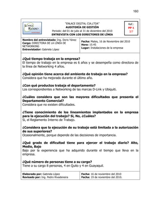 160


                                  “ENLACE DIGITAL CIA.LTDA”                         Ref.:
                                   AUDITORÍA DE GESTIÓN                             PP 1
                       Periodo: del 01 de julio al 31 de diciembre del 2010          3/7
                       ENTREVISTA CON LOS DIRECTORES DE LÍNEA

Nombre del entrevistado: Ing. Doris Yánez
                                                Fecha: Mates, 16 de Noviembre del 2010
Cargo: DIRECTORA DE LA LÍNEA DE
                                                Hora: 15:45
NETWORKING
                                                Lugar: Instalaciones de la empresa
Entrevistador: Gabriela López


¿Qué tiempo trabaja en la empresa?
El tiempo de trabajo en la empresa es 6 años y se desempeña como directora de
la línea de Networking 4 años.

¿Qué opinión tiene acerca del ambiente de trabajo en la empresa?
Considera que ha mejorado durante el último año.

¿Con qué productos trabaja el departamento?
Los correspondientes a Networking de las marcas D-Link y Ubiquiti.

¿Cuáles considera que son las mayores dificultades que presenta el
Departamento Comercial?
Considera que no existen dificultades.

¿Tiene conocimiento de los lineamientos implantados en la empresa
para la ejecución del trabajo? Si, No, ¿Cuáles?
Si, el Reglamento Interno de Trabajo.

¿Considera que la ejecución de su trabajo está limitada a la autorización
de sus superiores?
Ocasionalmente, porque depende de las decisiones de importancia.

¿Qué grado de dificultad tiene para ejercer el trabajo diario? Alto,
Medio, Bajo
Bajo por la experiencia que ha adquirido durante el tiempo que lleva en la
empresa.

¿Qué número de personas tiene a su cargo?
Tiene a su cargo 8 personas, 4 en Quito y 4 en Guayaquil.

Elaborado por: Gabriela López                   Fecha: 16 de noviembre del 2010
Revisado por: Ing. Pedro Rivadeneira            Fecha: 19 de noviembre del 2010.
 