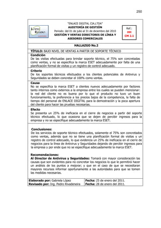 250


                             “ENLACE DIGITAL CIA.LTDA”
                             AUDITORÍA DE GESTIÓN                         Ref.:
                  Periodo: del 01 de julio al 31 de diciembre del 2010    HH
                  GESTIÓN Y VENTAS DIRECTORES DE LÍNEA Y                 CM 2.1
                             ASESORES COMERCIALES

                                  HALLAZGO No.2
 TÍTULO: BAJO NIVEL DE VENTAS A PARTIR DE SOPORTE TÉCNICO
 Condición
 De las visitas efectuadas para brindar soporte técnico, el 75% son concretadas
 como ventas, y no se especifica la marca ESET adecuadamente por falta de una
 planificación formal de visitas y un registro de control adecuado.
 Criterio
 De los soportes técnicos efectuados a los clientes potenciales de Antivirus y
 Seguridades se deben concretar el 100% como ventas.
 Causa
 No se especifica la marca ESET a clientes nuevos adecuadamente por factores
 tanto internos como externos a la empresa entre los cuales se pueden mencionar:
 la red del cliente no es buena por lo que el producto no tuvo un buen
 funcionamiento, la preferencia a los precios bajos de la competencia, la falta de
 tiempo del personal de ENLACE DIGITAL para la demostración y la poca apertura
 del cliente para hacer las pruebas necesarias.
 Efecto
 Se presenta un 25% de ineficacia en el cierre de negocios a partir del soporte
 técnico efectuado, lo que ocasiona que se dejen de percibir ingresos para la
 empresa y no se especifique adecuadamente la marca ESET.


  Conclusiones:
 De los servicios de soporte técnico efectuados, solamente el 75% son concretados
 como ventas, además que no se tiene una planificación formal de visitas y un
 registro de control adecuado, lo que evidencia un 25% de ineficacia en el cierre de
 negocios para la línea de Antivirus y Seguridades dejando de percibir ingresos para
 la empresa y por ende que no se especifique adecuadamente la marca ESET.

 Recomendaciones:
 Al Director de Antivirus y Seguridades: Tomará con mayor consideración las
 causas que son evidentes para no concretar los negocios lo que le permitirá hacer
 un análisis de los puntos a mejorar; y que en el caso de que se necesitaran
 mayores recursos informar oportunamente a las autoridades para que se tomen
 las medidas necesarias.

Elaborado por: Gabriela López               Fecha: 25 de enero del 2011.
Revisado por: Ing. Pedro Rivadeneira        Fecha: 28 de enero del 2011.
 
