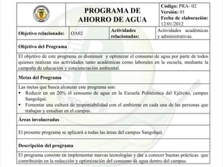 PROGRAMA DE
AHORRO DE AGUA
Código: PRA- 02
Versión: 01
Fecha de elaboración:
12/01/2012
Objetivo relacionado: OA02
Actividades
relacionadas:
Actividades académicas
y administrativas.
Objetivo del Programa
El objetivo de este programa es disminuir y optimizar el consumo de agua por parte de todos
quienes realizan sus actividades tanto académicas como laborales en la escuela, mediante la
campaña de educación y concienciación ambiental.
Metas del Programa
Las metas que busca alcanzar este programa son:
 Reducir en un 20% el consumo de agua en la Escuela Politécnica del Ejército, campus
Sangolquí.
 Fomentar una cultura de responsabilidad con el ambiente en cada una de las personas que
trabajan y estudian en el campus.
Áreas involucradas
El presente programa se aplicará a todas las áreas del campus Sangolquí.
Descripción del programa
El programa consiste en implementar nuevas tecnologías y dar a conocer buenas prácticas que
contribuirán en la reducción y optimización del consumo de agua dentro del campus.
 