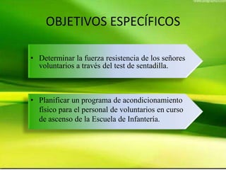 OBJETIVOS ESPECÍFICOS
• Determinar la fuerza resistencia de los señores
voluntarios a través del test de sentadilla.
• Planificar un programa de acondicionamiento
físico para el personal de voluntarios en curso
de ascenso de la Escuela de Infantería.
 