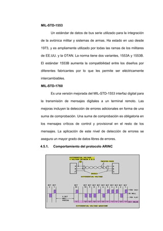62
MIL-STD-1553
Un estándar de datos de bus serie utilizado para la integración
de la aviónica militar y sistemas de armas. Ha estado en uso desde
1973, y es ampliamente utilizado por todas las ramas de los militares
de EE.UU. y la OTAN. La norma tiene dos variantes, 1553A y 1553B.
El estándar 1553B aumenta la compatibilidad entre los diseños por
diferentes fabricantes por lo que les permite ser eléctricamente
intercambiables.
MIL-STD-1760
Es una versión mejorada del MIL-STD-1553 interfaz digital para
la transmisión de mensajes digitales a un terminal remoto. Las
mejoras incluyen la detección de errores adicionales en forma de una
suma de comprobación. Una suma de comprobación es obligatoria en
los mensajes críticos de control y provisional en el resto de los
mensajes. La aplicación de este nivel de detección de errores se
asegura un mayor grado de datos libres de errores.
4.5.1. Comportamiento del protocolo ARINC
 