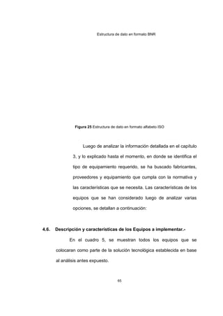 65
Estructura de dato en formato BNR
Figura 25 Estructura de dato en formato alfabeto ISO
Luego de analizar la información detallada en el capítulo
3, y lo explicado hasta el momento, en donde se identifica el
tipo de equipamiento requerido, se ha buscado fabricantes,
proveedores y equipamiento que cumpla con la normativa y
las características que se necesita. Las características de los
equipos que se han considerado luego de analizar varias
opciones, se detallan a continuación:
4.6. Descripción y características de los Equipos a implementar.-
En el cuadro 5, se muestran todos los equipos que se
colocaran como parte de la solución tecnológica establecida en base
al análisis antes expuesto.
 