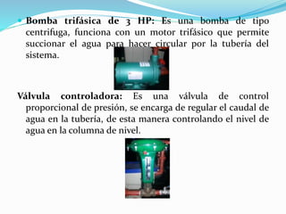  Bomba trifásica de 3 HP: Es una bomba de tipo
centrifuga, funciona con un motor trifásico que permite
succionar el agua para hacer circular por la tubería del
sistema.
Válvula controladora: Es una válvula de control
proporcional de presión, se encarga de regular el caudal de
agua en la tubería, de esta manera controlando el nivel de
agua en la columna de nivel.
 