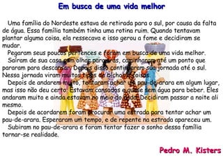 Em busca de uma vida melhor Uma família do Nordeste estava de retirada para o sul, por causa da falta de água. Essa família também tinha uma rotina ruim. Quando tentavam plantar alguma coisa, ela ressecava e isso gerou a fome e decidiram se mudar. Pegaram seus poucos pertences e foram em busca de uma vida melhor. Saíram de sua casa sem olhar para trás, caminharam até um ponto que pararam para descansar. Depois disso continuaram sua jornada até o sul.  Nessa jornada viram muitos tipos de bichos e coisas. Depois de andarem muito, tentaram achar um pau-de-arara em algum lugar, mas isso não deu certo. Estavam cansados e quase sem água para beber. Eles andaram muito e ainda estavam no meio do nada. Decidiram passar a noite ali mesmo. Depois de acordarem foram procurar uma estrada para tentar achar um pau-de-arara. Esperaram um tempo, e de repente na estrada apareceu um. Subiram no pau-de-arara e foram tentar fazer o sonho dessa família tornar-se realidade. Pedro M. Kisters 