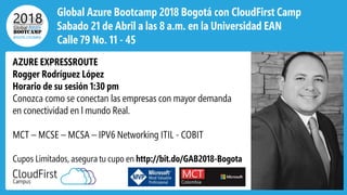 Global Azure Bootcamp 2018 Bogotá con CloudFirst Camp
Sabado 21 de Abril a las 8 a.m. en la Universidad EAN
Calle 79 No. 11 - 45
Cupos Limitados, asegura tu cupo en http://bit.do/GAB2018-Bogota
AZURE EXPRESSROUTE
Rogger Rodríguez López
Horario de su sesión 1:30 pm
Conozca como se conectan las empresas con mayor demanda
en conectividad en l mundo Real.
MCT – MCSE – MCSA – IPV6 Networking ITIL - COBIT
UTILIZA
ESTE
ESPACIO
PARA
TU FOTO
 