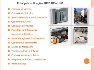 Principais aplicações RFID HF e UHF
Controle de Acesso
Controle de Veículos
Rastreabilidade e monitoramento
Controle de Ativos
Controles de Paletes
Embalagens Retornáveis –
Metálicas e Plásticas

Movimentação de Empilhadeiras
Controle de Documentos
Linhas de Montagens
Transportadores e Esteiras

Controle de Matéria Prima
Máquinas de Pátio – Locomotivas
Ponte Rolante

 