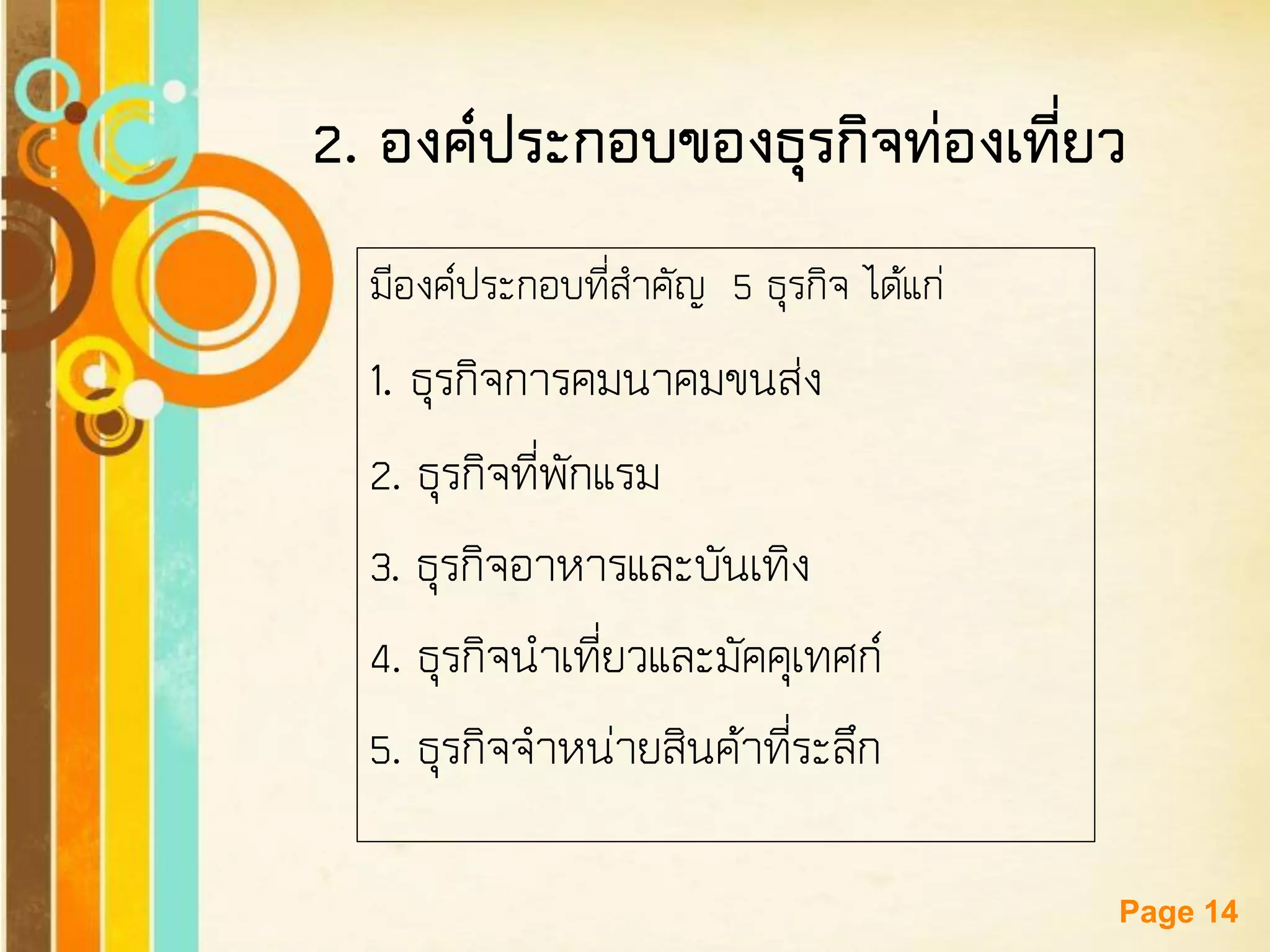 Free Powerpoint Templates 
Page 14 
มีองค์ประกอบที่สาคัญ 5 ธุรกิจ ได้แก่ 
1. ธุรกิจการคมนาคมขนส่ง 
2. ธุรกิจที่พักแรม 
3. ธุรกิจอาหารและบันเทิง 
4. ธุรกิจนาเที่ยวและมัคคุเทศก์ 
5. ธุรกิจจาหน่ายสินค้าที่ระลึก 
2. องค์ประกอบของธุรกิจท่องเที่ยว  