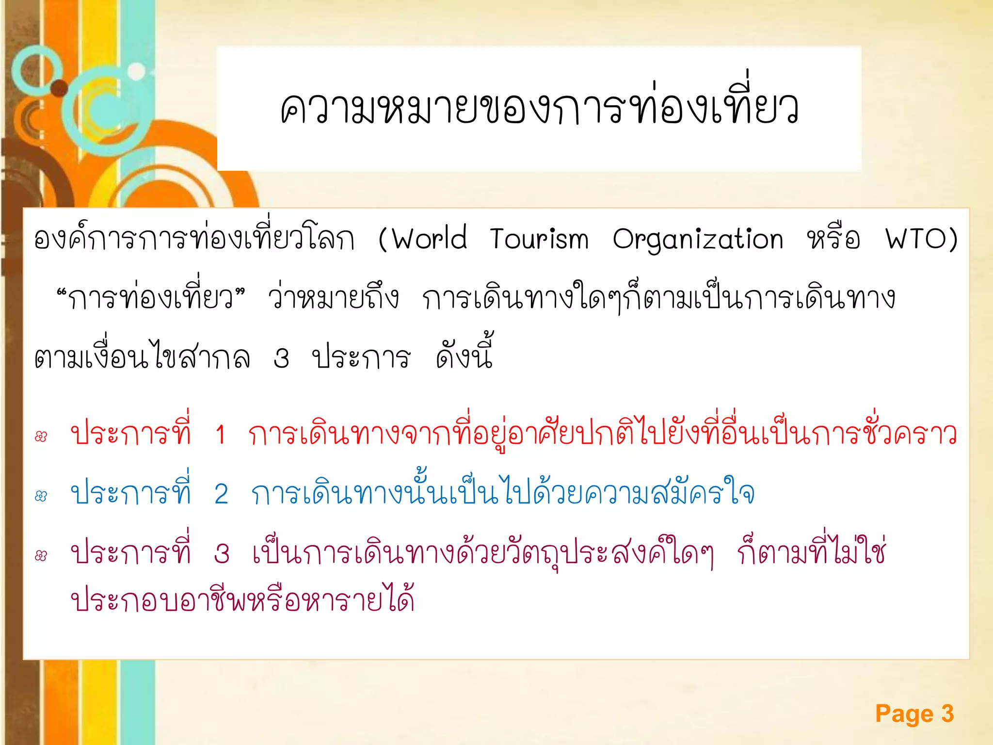 Free Powerpoint Templates 
Page 3ความหมายของการท่องเที่ยว 
องค์การการท่องเที่ยวโลก (World Tourism Organization หรือ WTO) 
“การท่องเที่ยว” ว่าหมายถึง การเดินทางใดๆก็ตามเป็นการเดินทาง 
ตามเงื่อนไขสากล 3 ประการ ดังนี้ 
•ประการที่ 1 การเดินทางจากที่อยู่อาศัยปกติไปยังที่อื่นเป็นการชั่วคราว 
•ประการที่ 2 การเดินทางนั้นเป็นไปด้วยความสมัครใจ 
•ประการที่ 3 เป็นการเดินทางด้วยวัตถุประสงค์ใดๆ ก็ตามที่ไม่ใช่ ประกอบอาชีพหรือหารายได้  