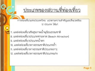Free Powerpoint Templates 
Page 5ประเภทของสถานที่ท่องเที่ยว 
การท่องเที่ยวแห่งประเทศไทย แบ่งตามความสาคัญและสิ่งแวดล้อม 
12 ประเภท ได้แก่ 
7. แหล่งท่องเที่ยวเชิงสุขภาพน้าพุร้อนธรรมชาติ 
8. แหล่งท่องเที่ยวประเภทชายหาด (Beach Attraction) 
9. แหล่งท่องเที่ยวประเภทน้าตก 
10. แหล่งท่องเที่ยวทางธรรมชาติประเภทถ้า 
11. แหล่งท่องเที่ยวทางธรรมชาติประเภทเกาะ 
12. แหล่งท่องเที่ยวทางธรรมชาติประเภทแก่ง 
 