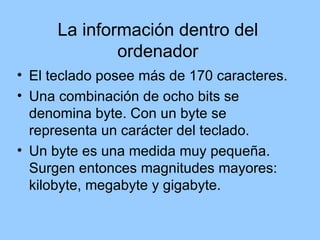 La información dentro del
              ordenador
• El teclado posee más de 170 caracteres.
• Una combinación de ocho bits se
  denomina byte. Con un byte se
  representa un carácter del teclado.
• Un byte es una medida muy pequeña.
  Surgen entonces magnitudes mayores:
  kilobyte, megabyte y gigabyte.
 