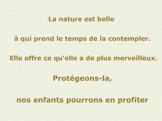 La nature est belle  à qui prend le temps de la contempler. Elle offre ce qu’elle a de plus merveilleux. Protégeons-la, nos enfants pourrons en profiter 