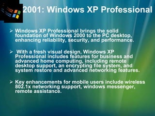 2001: Windows XP Professional Windows XP Professional brings the solid foundation of Windows 2000 to the PC desktop, enhancing reliability, security, and performance. With a fresh visual design, Windows XP Professional includes features for business and advanced home computing, including remote desktop support, an encrypting file system, and system restore and advanced networking features.  Key enhancements for mobile users include wireless 802.1x networking support, windows messenger, remote assistance. 