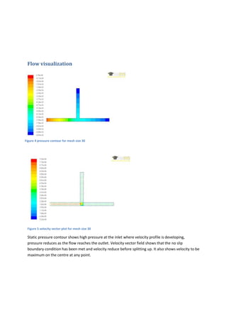 Flow visualization




Figure 4 pressure contour for mesh size 30




 Figure 5 velocity vector plot for mesh size 30

 Static pressure contour shows high pressure at the inlet where velocity profile is developing,
 pressure reduces as the flow reaches the outlet. Velocity vector field shows that the no slip
 boundary condition has been met and velocity reduce before splitting up. It also shows velocity to be
 maximum on the centre at any point.
 