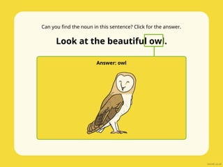 Can you find the noun in this sentence? Click for the answer.
Look at the beautiful owl.
Answer: owl
 