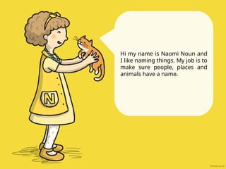 Hi my name is Naomi Noun and
I like naming things. My job is to
make sure people, places and
animals have a name.
 