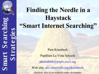 Finding the Needle in a Haystack “ Smart Internet Searching” Pam Krambeck Papillion-La Vista Schools [email_address] Web site:  plv . ishareinfo . org/pkrambeck (handout, docs & presentation under documents) 