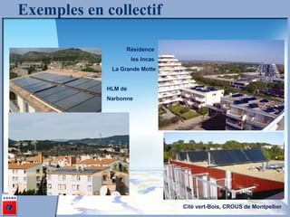 Exemples en collectif Résidence  les Incas  La Grande Motte HLM de  Narbonne Cité vert-Bois, CROUS de Montpellier 