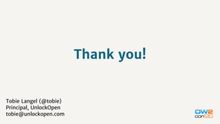 Thank you!
Tobie Langel (@tobie)
Principal, UnlockOpen
tobie@unlockopen.com
 
