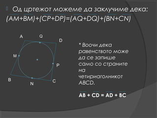  Од цртежот можеме да заклучиме дека:
(AM+BM)+(CP+DP)=(AQ+DQ)+(BN+CN)

            А       Q
                            D
                                * Воочи дека
                                равенството може
        М
                                да се запише
                            P   само со страните
                                на
                                четириаголникот
    B                   C
                N               ABCD.

                                AB + CD = AD + BC
 