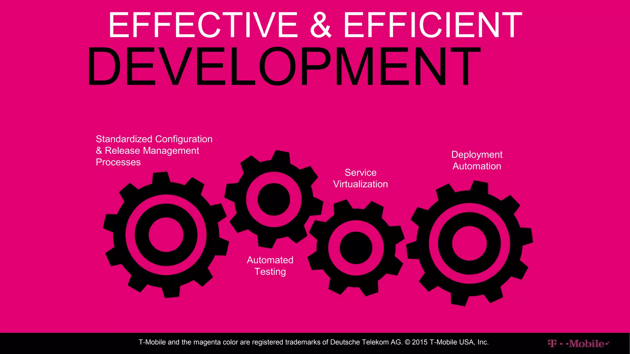 ENTERPRISE IT
T-Mobile and the magenta color are registered trademarks of Deutsche Telekom AG. © 2015 T-Mobile USA, Inc.
EFFECTIVE & EFFICIENT
Standardized Configuration
& Release Management
Processes
Service
Virtualization
Deployment
Automation
Automated
Testing
DEVELOPMENT
 