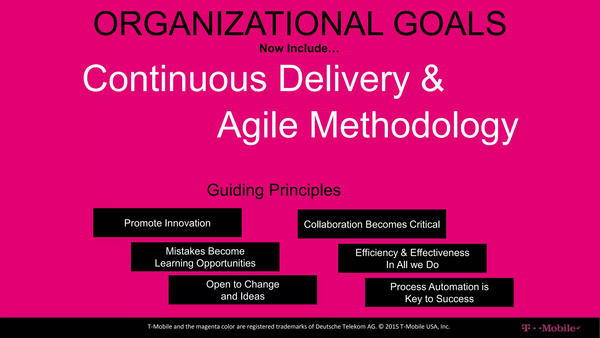 ENTERPRISE IT
T-Mobile and the magenta color are registered trademarks of Deutsche Telekom AG. © 2015 T-Mobile USA, Inc.
ORGANIZATIONAL GOALS
Continuous Delivery &
Agile Methodology
Promote Innovation
Mistakes Become
Learning Opportunities
Open to Change
and Ideas
Collaboration Becomes Critical
Efficiency & Effectiveness
In All we Do
Process Automation is
Key to Success
Guiding Principles
Now Include…
 