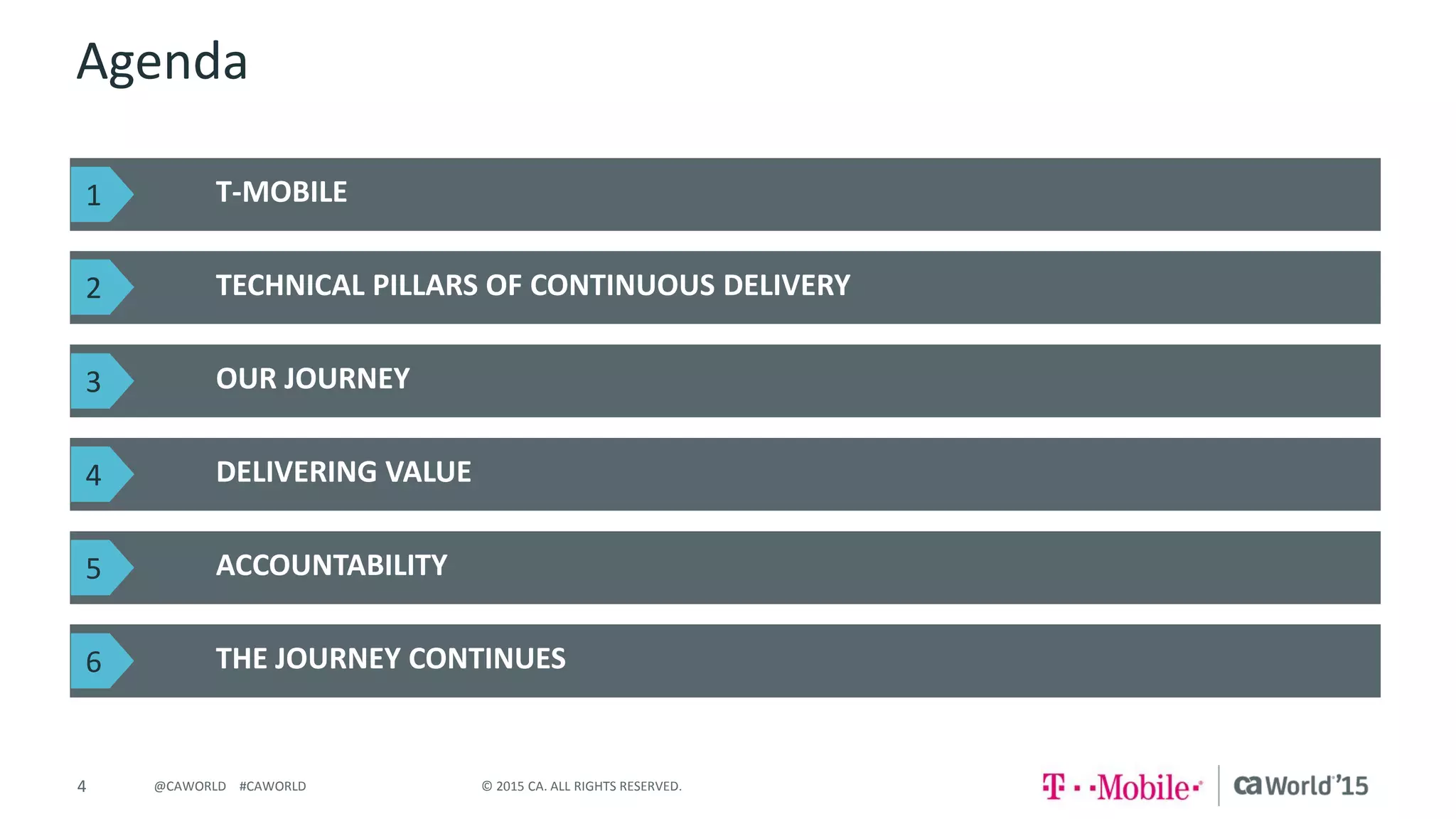 4 © 2015 CA. ALL RIGHTS RESERVED.@CAWORLD #CAWORLD
Agenda
T-MOBILE
TECHNICAL PILLARS OF CONTINUOUS DELIVERY
THE JOURNEY CONTINUES
OUR JOURNEY
DELIVERING VALUE
ACCOUNTABILITY
1
2
3
4
5
6
 